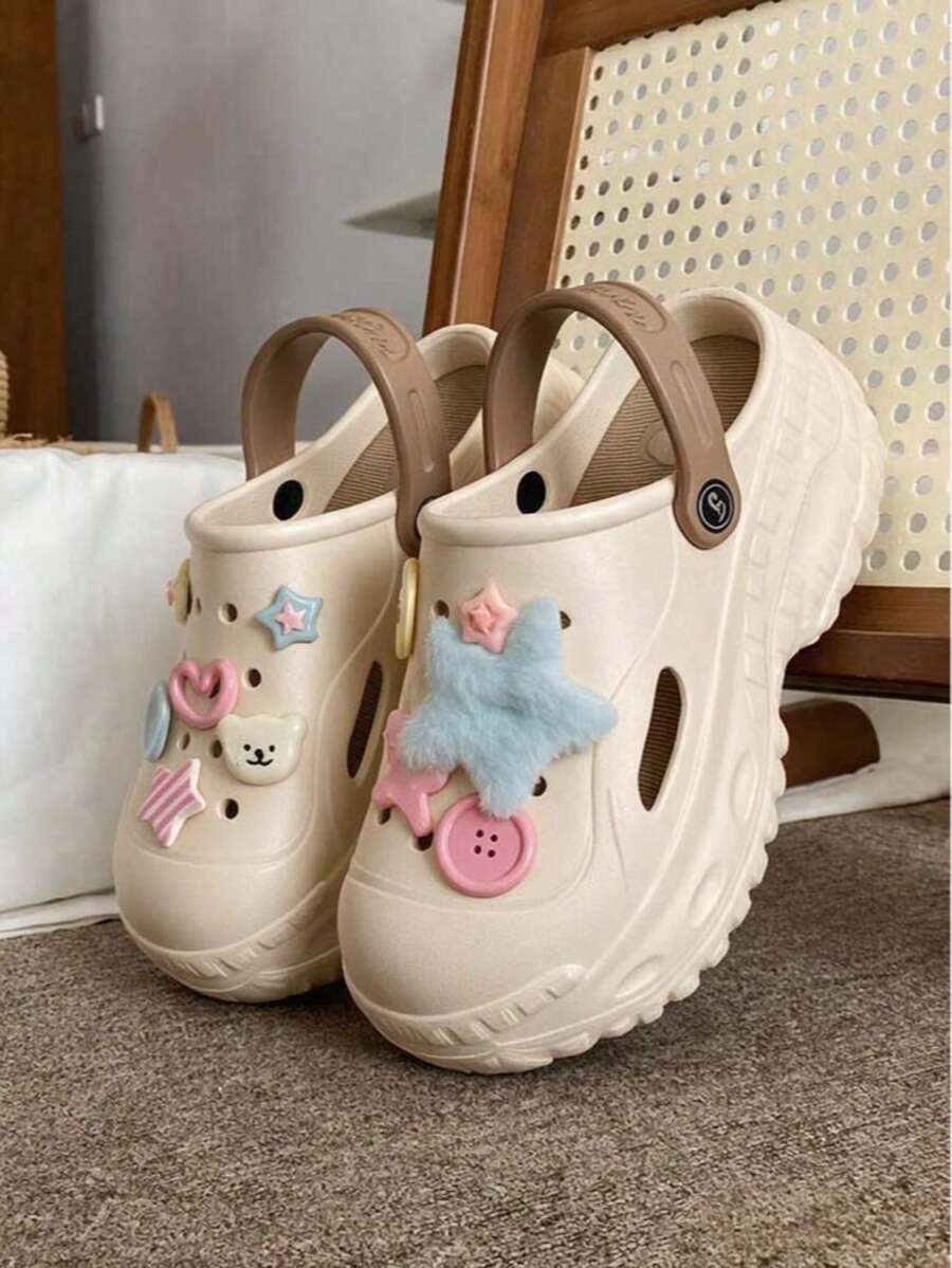Button Small Star DIY New Spring Ultra Thick Sole Clogs Garden Shoes Women Summer Outdoor Fashion Party Gathering All Season Cute Cartoon EVA Beach
