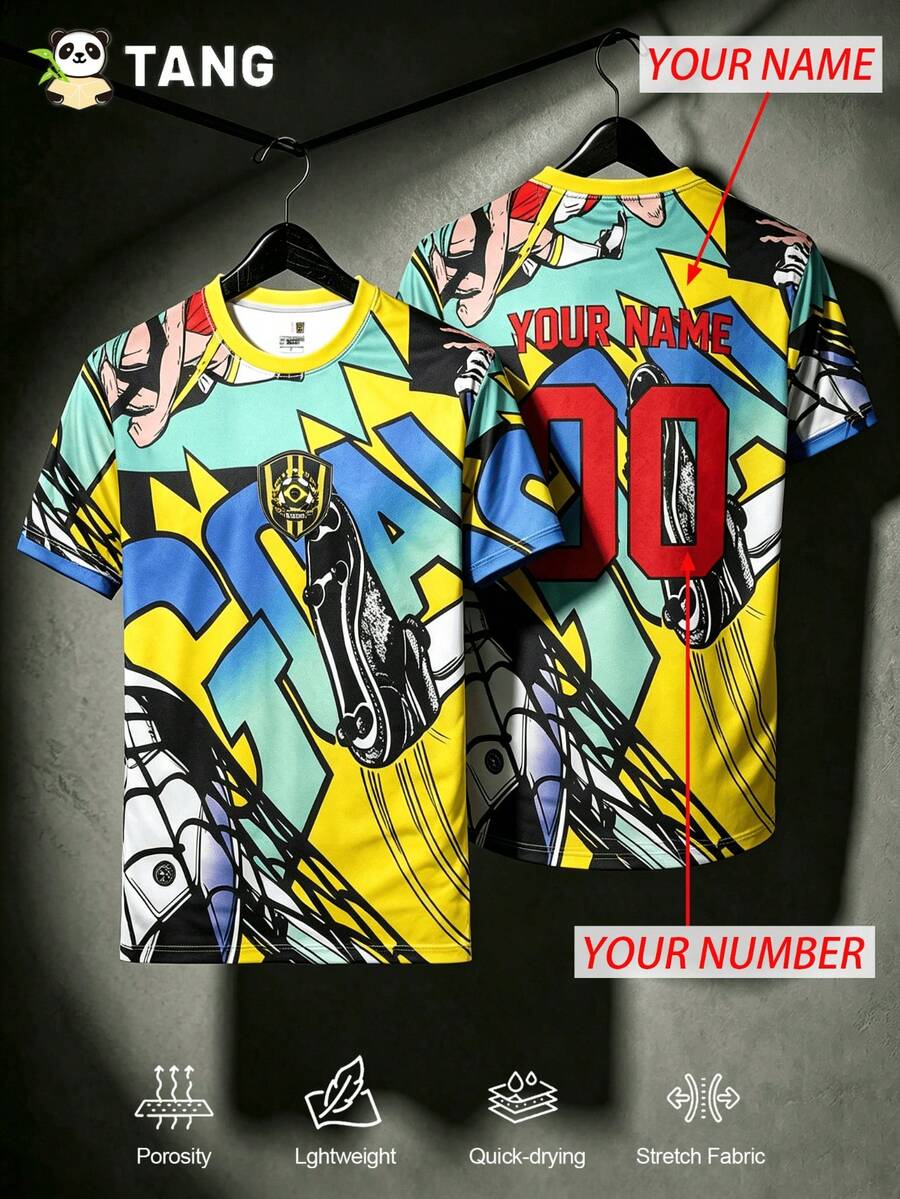 Men Custom Brazil Graffiti Print Soccer Jersey, Personalized Name Number Football Shirt Fan Gear Training Match Daily Gift