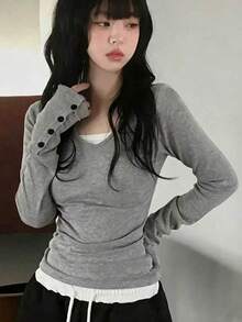 Button V-Neck Fitted Long Sleeve T-Shirt With Cinched Waist And Cold Shoulder Design, Versatile Top - Light Grey - View 4
