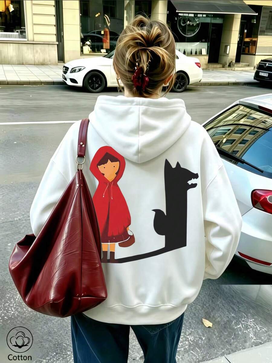 هودي نسائي كاجوال لطيف بطبعة صورة ظلية لليلى الحمراء والذئب، قصة فضفاضة، سويت شيرت قابل للتنفس للارتداء اليومي في الربيع والخريف - أبيض - مشاهدة 1