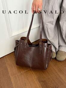 1pc Solid Color PU Leather New Women's Backpack, Shoulder Bag, Tote Bag, Autumn/Winter New, Zipper Closure, Fashionable Large Capacity Bucket Bag, Suitable For Commuting, Shopping, Dating - Coffee - View 9
