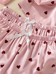Autumn Women's Pajama Set Satin Romantic Luxury Heart Print Patch Pocket Front Button Lapel Short Sleeve Top Shorts Long Pants 3pcs Set Summer Loungewear - Baby Pink - View 6