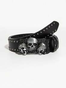 1pc Unisex Black Y2K Gothic Punk Style 3D Embossed Three Skull Large Buckle Rivet Belt, Suitable For Daily Wear - Black Three Ghost Head - View 6