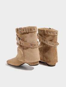 French Blogger Style Pointed Toe Wide Shaft Knee-High Boots, Nordic Kitten Heel Riding Boots For Women - Khaki - View 4