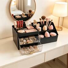 Multifunctional Desktop Storage Box, Black Matte Finish With Luxury Gold Handle, Multi-Compartment + Multi-Layer Transparent Drawer Design. Can Store Lipsticks, Makeup Brushes And Other Beauty Products, Also Suitable For Storing Pens, Sticky Notes And Other Student Stationery, Fits Vanity And Study Desk, Creating A Tidy Desktop. - Multicolor - View 4