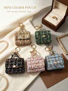 1pc Cute Tweed Mini Jewelry Storage Bag, Portable Earphone Bag Keychain Pendant, Mini Travel Ring Box Travel Jewelry Box Cosmetic Storage Box, Women's Earring/Ring/Necklace/Bracelet Storage Box, Mini Wallet - Tweed Mini Bag - View 2