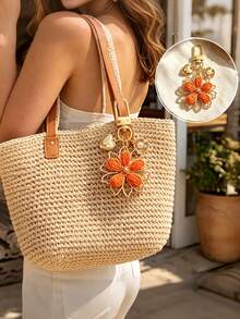 1pc Handmade Raffia Woven Double Layer Flower Hanging Ornament, Zinc Alloy Braided Rope Women's Keychain, Bohemian Vacation Style, Solid Color / Colorful Floral Design, Heart Pearl Decor Bag Charm, Couple Car Key Chain Pendant - Multicolor - View 6