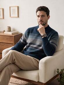Navy Blue Men's Checkered Stripe Casual Crew-Neck Thick Knit Sweater, Winter, For Fall, Long Sleeve Top - Navy Blue - View 7