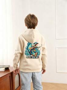 Tween Boy Fun Graphic Print Sweatshirt, Warm & Comfortable Thermal Lined Pullover Sweatshirt For Autumn/Winter - Apricot - View 3