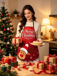 Christmas Theme Apron Set, Waterproof & Stain-Resistant Kitchen Work Apron, Reusable Home Cooking Protective Cover - Multicolor - View 1