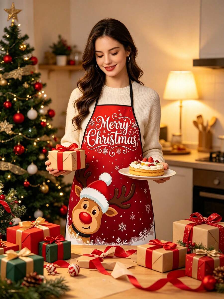 Christmas Theme Apron Set, Waterproof & Stain-Resistant Kitchen Work Apron, Reusable Home Cooking Protective Cover - Multicolor - View 1