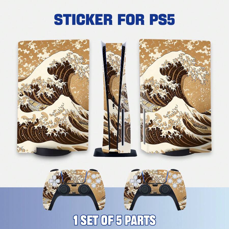 Stiker Pelindung Pola Gelombang Seni Vintage Kompatibel dengan Disc Edition, Set Lengkap Pelindung Konsol dan Pengontrol Ganda, Aksesori Gaming Vinyl Tahan Air, Tahan Gores, dan Dapat Dilepas - View 1