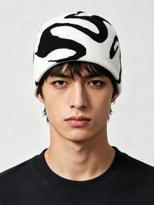 1pc Twisted Jacquard Knit Beanie Hat, Elastic Warm Unisex Pullover Cap, Street Style Daily Wear - Multicolor - View 2