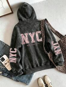 Women's Vintage-Style Raw-Edge Hoodie Featuring "NYC" Lettering And American Collegiate Aesthetics, With Prints On The Back And Sleeves. - Black - View 5