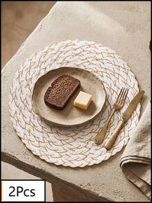 1/2/4/6/12pcs Cream White With Gold Line Accents Placemats, Elegant Style, Linen Material, Round Wavy Edge And Gold Embroidery Detail, Stain-Resistant Tabletop Protection And Decorative Function, Suitable For Daily Breakfast And Exquisite Table Setting - White - View 13