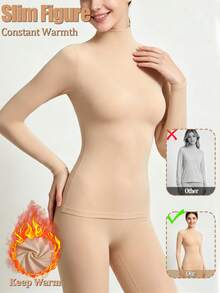 2pcs Women's High Neck Seamless Warm Long Sleeve Innerwear Tops, Slim Fit Elastic Autumn Winter Base Layer - Apricot - View 4