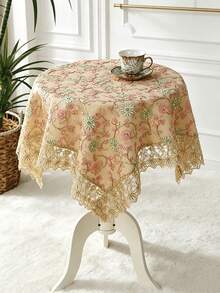 1pc Vintage Pink Floral Embroidered Lace Tablecloth, Gold Scalloped Lace Edge Transparent Mesh Table Cover, Elegant French Style Dining Tablecloth, Suitable For Dining Table, Wedding Banquet And Home Decor - Pink - View 1