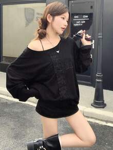 女士宽松蕾丝长袖T恤，修身打底衫，休闲黑色春季款 - 黑色 - 查看 4