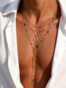 4pcs Bohemian Y-Shaped Layered Necklace Set, Colorful Rhinestone U-Shaped Pendant, Versatile Couple Accessory For Autumn/Winter Travel, Daily Wear And Holiday Gift - Gold - View 8