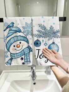 2件裝清爽藍色聖誕雪人JOY聖誕掛式廚房抹布，聖誕烘焙餐盤布，家居裝飾 - 彩色 - 查看 2