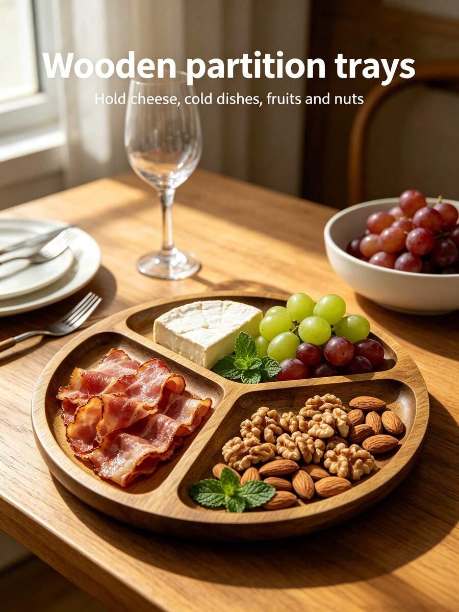 1pc Wooden Cheese Board, Round Divided Wooden Tray, Dish Platter, Table Fruit Bowl, Charcuterie Board, Cold Cut Meat Platter, Dessert Plate, Coffee Tray, Kitchen Fruit Bowl, Christmas Dish Server, Decorative Solid Wood Divided Tray, Bathroom Tray, Bathroom Accessory, Serving Platter, Multi-Functional Cheese Plate, Home Decor, Suitable For Kitchen, Bathroom, Living Room, Bedroom, Vanity, Party And Holiday Gathering - View 1