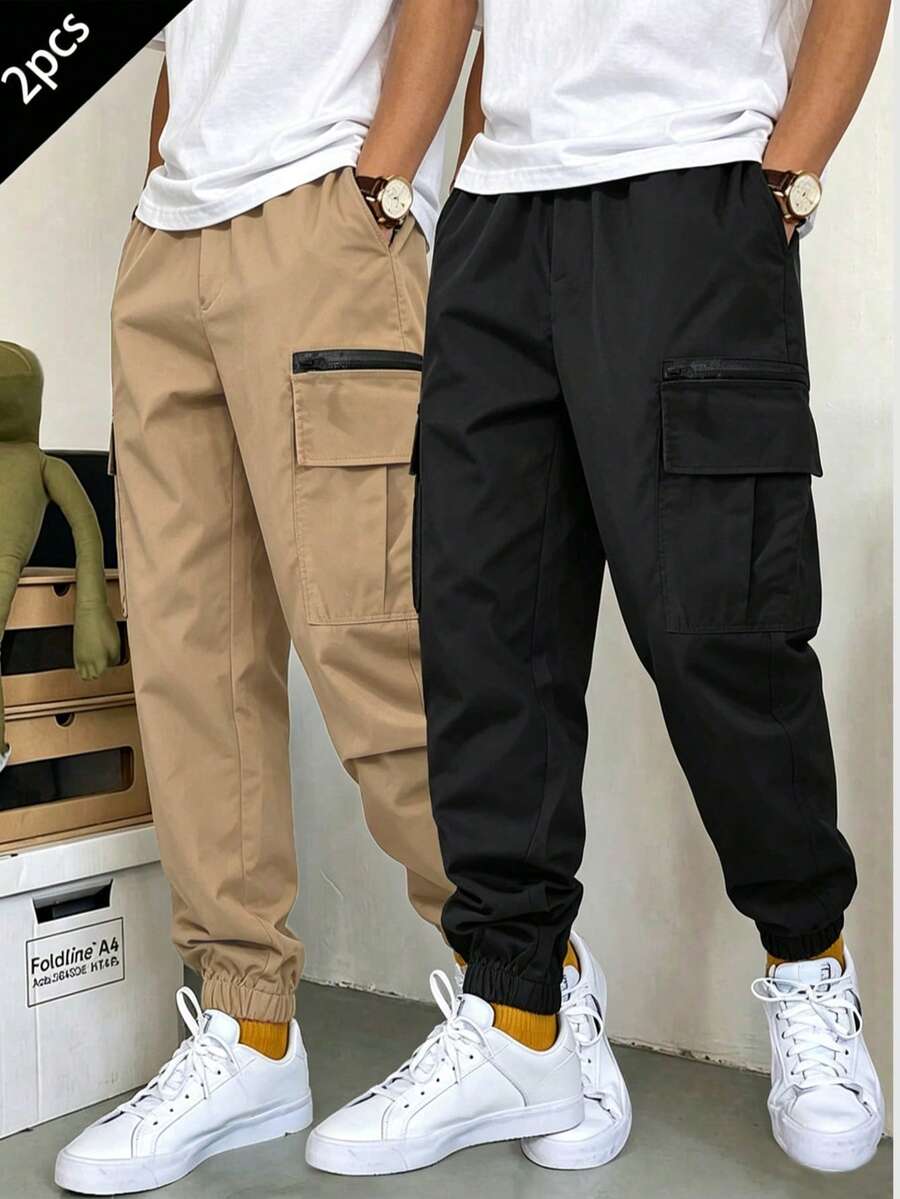 2pcs/Set Boys Casual Loose Solid Color Pocket Cargo Pants, School, Campus, College - Multicolor - View 1