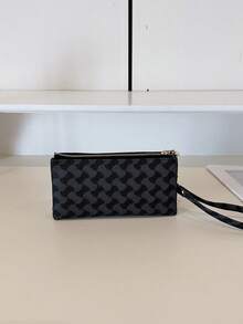 Women's Double Zipper Wristlet Wallet Clutch – Designer Monogram Phone Pouch, Card Holder & Coin Purse With Gold Heart Charm, Elegant Wrist Strap - Black - View 8