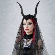1pc Halloween Gothic Queen Dark Horn Mesh Headband Party Ball Performance Costume Holiday Hair Accessory Prop - Black - View 3