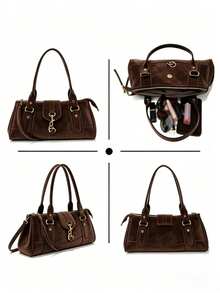 Vintage Dark Brown Suede Baguette Shoulder Bag With Metal Buckle, Underarm Crossbody Commuter Casual Handbag - Coffee - View 3