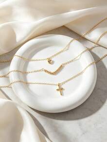 2pcs Heart & Cross Pendant Multi-Layer Necklace Set, Suitable For Women's Daily Wear, Date, Party, Layering - Yellow Gold - View 4