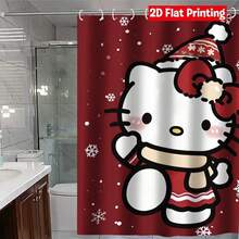 Sanrio Christmas Hello Kitty Red Snowflake Pattern Shower Curtain Set 4 Pieces (Includes 2 Bathroom Mats + 1 Toilet Lid Cover + 1 Shower Curtain), Elegant Floral Design, Suitable For Bathroom Decor And Privacy Protection - Shower Curtain Set - View 2