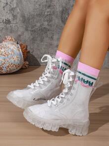 Niche Personalized Transparent Boots For Women Thick Sole Clear Bottom Lace-Up Mid-Calf Boots Hot Girl Style Versatile Fashion Sandals - White Transparent - View 2