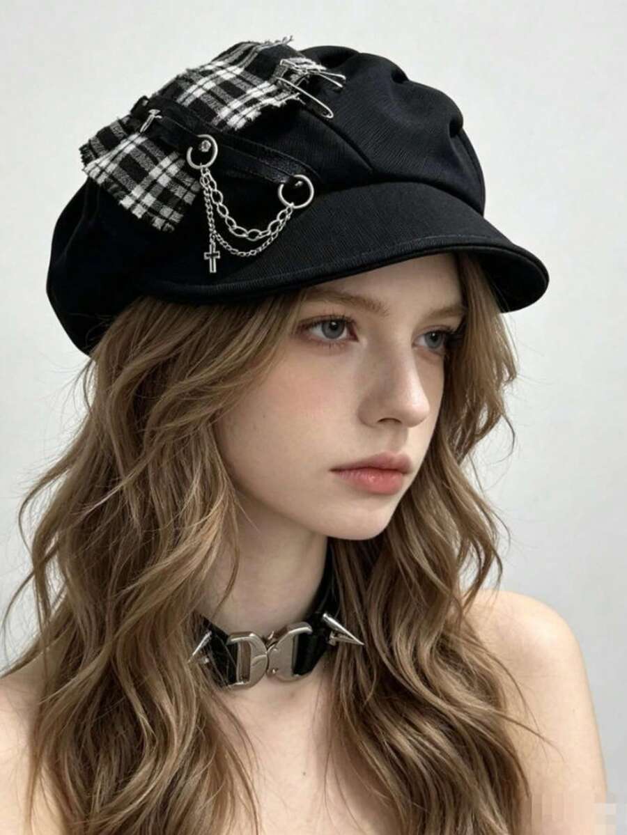 1pc Halloween Subculture Punk Cross Dark Plaid Cloud Soft Brim Y2K Beret - Multicolor - View 1