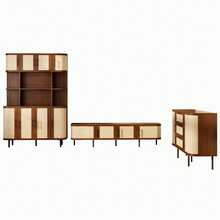 Dining Room Furniture Set With TV Stand, Sideboard, And Display Cabinet, MDF Body, Slatted Front, Black Handles, And Metal Legs – Modern Living Room Set - Walnut - View 4