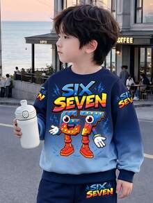 Boys Spring/Autumn 2-Piece Set, Gradient Cartoon Pixel Style 67 Number Anthropomorphic Letter Print Crew Neck Sweatshirt With Matching Jogger Pants, Playful Casual Everyday Outfit - Blue - View 5