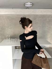 Women's Black Hollow Out Long Sleeve Top, Knitted Round Neck Regular Sleeve, Medium Stretch Autumn Outfit - Black - View 3