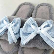 Women Fuzzy Plush Slide Slippers, Waffle Bow Decor Open‑Toe Soft Warm Indoor Bedroom House Slippers - Grey - View 2