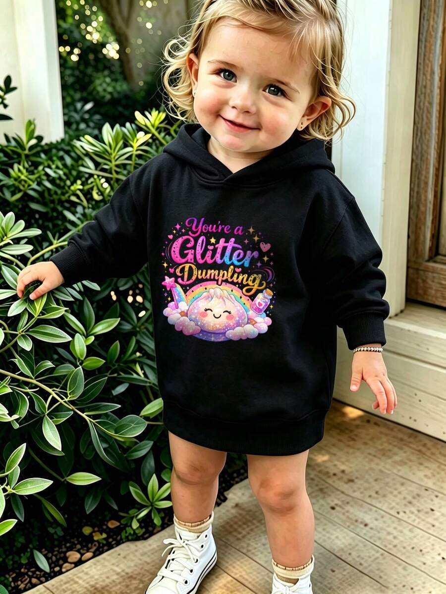 Baby Girl Cute Dumpling Rainbow Graphic Hoodie, Long Sleeve Hooded Pullover Sweatshirt - Black - View 1
