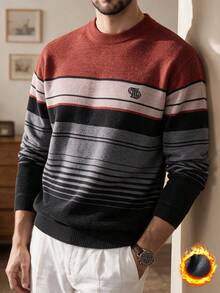 Red Men's Winter Thick Chenille Striped Knit Sweater - Red - View 1