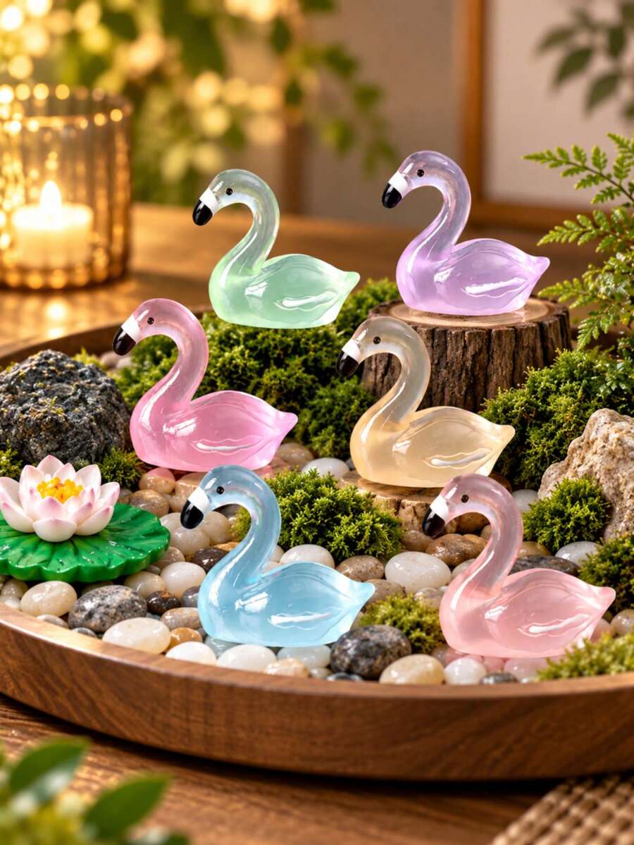 3PCS Colourful Resin Swan Garden Ornaments, Decorative Swan Figurines For Fairy Gardens Plant Pots Planters And Landscape Displays - Flamingo - View 1