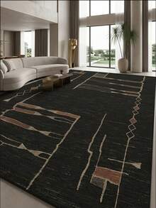 1PC Black Base Red Brown Beige Geometric Line Pattern Modern Minimalist Abstract Rug, Vintage Faux Cashmere Rectangular Area Rug With Draping Geometric Lines And Diamond Jagged Border Details, Machine Washable, Suitable For Living Room Bedroom Balcony, All Season Home Decor - Multicolor - View 8