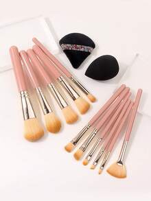 13Pcs Soft Makeup Brush Set, Including Powder Brush, Blush Brush, Highlighter Brush, Eyeshadow Brush, Eyeliner Brush, Makeup Puff, For Powder & Liquid Foundation Application, Professional Beauty Makeup Tools, Complete Makeup Kit, Makeup Gift Set - Coral Pink - View 3