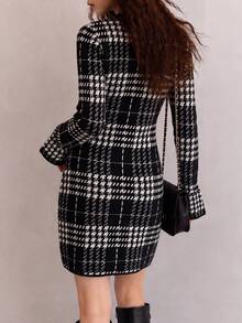 Women's New Knitted Plaid Short Sweater Dress, Long Sleeve Slim Fit, Suitable For Autumn/Winter - Black - View 2