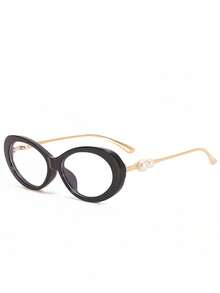 1pc European & American New Oval High-End Women's Clear Lens Metal Temple Pearl Inlaid Fashion Transparent Decorative Glasses - Clear - View 13