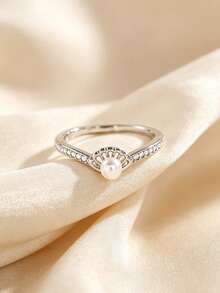 1pc Elegant Pearl Statement Ring For Women Floral Fan Shape Design Adjustable Open Ring Jewelry Gift Accessory - Multicolor - View 7
