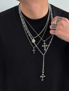 4pcs Gothic Punk Cross Pendant Necklace Set, Long Metal Chain Necklace, Can Be Worn Separately Or Layered, Men's Personalized Charm Jewelry, Holiday Gift - Antique Silver - View 3