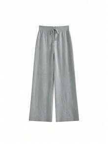 Quần dài len dệt tối giản dây rút buộc cho nữ mặc hằng ngày - Xám - Xem 4