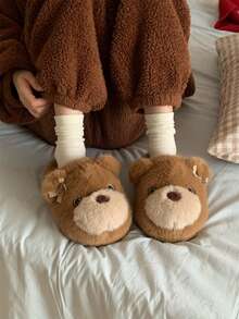 XIXITIAO Cute Big‑Eye Bear Fuzzy House Slippers, Warm Plush Couple Winter Cozy Indoor Home Slippers - Yellow-brown - View 5