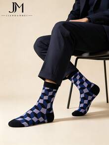 Men's Grey Patchwork Argyle Ribbed Cuff Cotton Sweat-Absorbent Breathable British Business Style Mid-Calf Socks For Office Commute - Multicolor - View 1