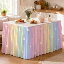 1 Tablecloth Table Skirt Macaroon Rainbow Wavy Striped Flowers And Stars Wedding Banquet Sent A Dining Decorative Activities Tablecloth Modern Aesthetics, Very Suitable For Room Decoration, No Power Supply. - 1 - View 1